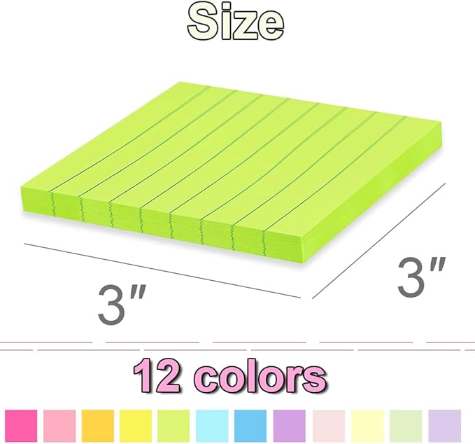 (72 Pack) Lined Sticky Notes 3x3 in,Notepads with Lines,Ruled Stickies Super Sticking Power,Office School Memo Note Pads Bright Colors,Post on Windows Doors,Recyclable,Easy to Write on