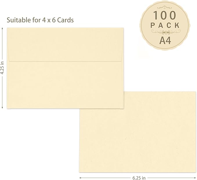 100 Pack A4 Cream 4x6 Envelopes Self Seal, Goefun 4.25 x 6.25 Ivory Printable Invitation Envelopes 120 GSM for DIY Greeting Cards, Photos, Weddings, Graduation, Baby Shower
