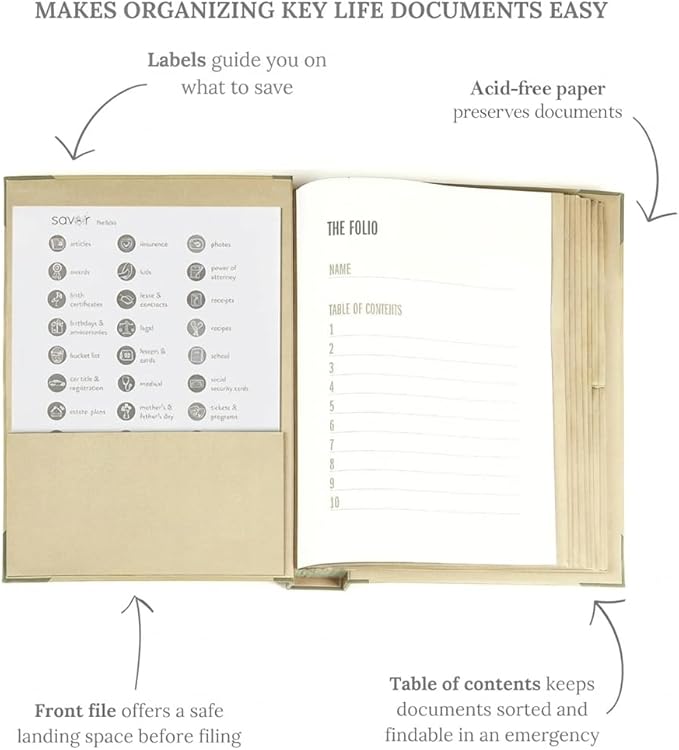 Savor | 2025 Edition The Folio® Document Organizer | Custom Dyed Cloth-Bound Expanding File for Important Papers, Passports, Birth Certificates & More | Ideal for Home Organization & Graduation Gift