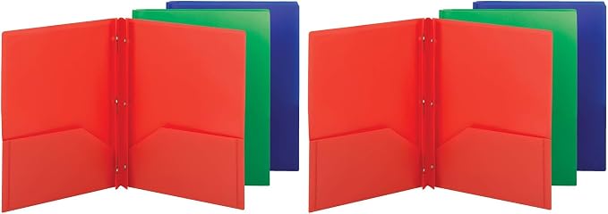 Smead Poly Two-Pocket Folder,Three-Hole Punch Prong Fasteners,Letter Size,Assorted Colors,3 per Pack (87737),(Pack of 2)