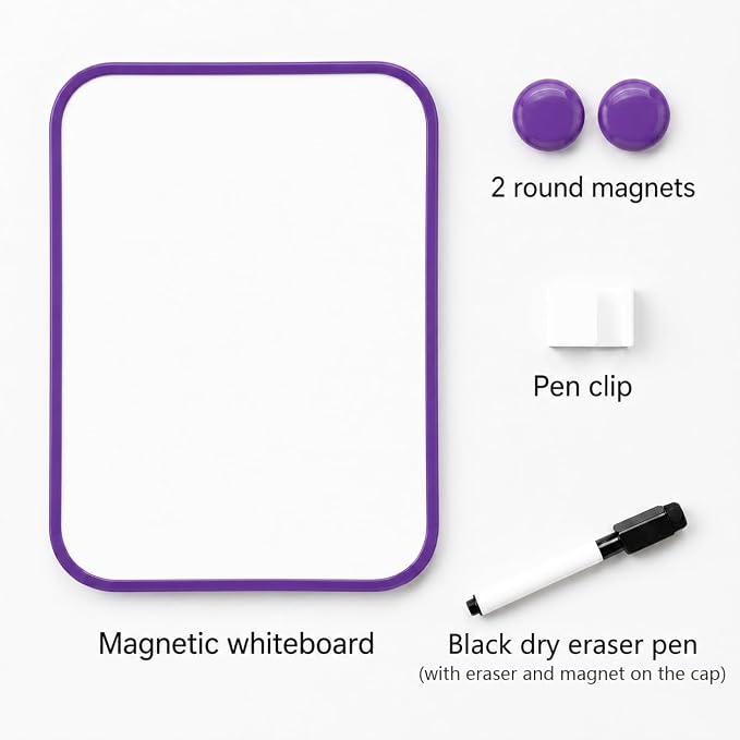 Magnetic Whiteboard, Erasable Notepad, Portable Drawing Board, Teaching Whiteboard, Magnetic Dry Erase Board for Lockers, 6" x 8" with Marker and 2 Magnets (Purple)
