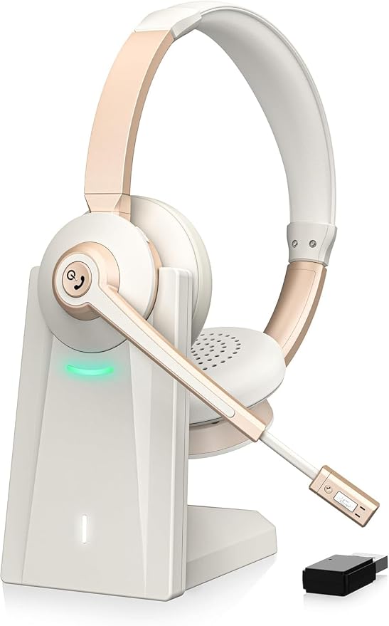 Wireless Headset, Bluetooth Headphones with Microphone AI Noise Canceling/Charge Dock, Wireless Headset with Mic Mute & USB Dongle for Computer Phone Remote Work Office Call Meeting Teams