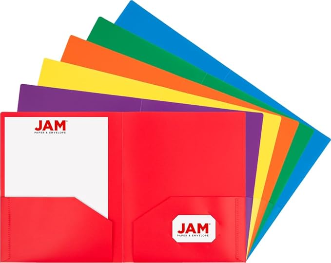 JAM PAPER Heavy Duty Plastic 2 Pocket Extra Tough School Folders - Assorted Primary Colors - 24 Folders/Pack (4 Assorted Packs of 6)