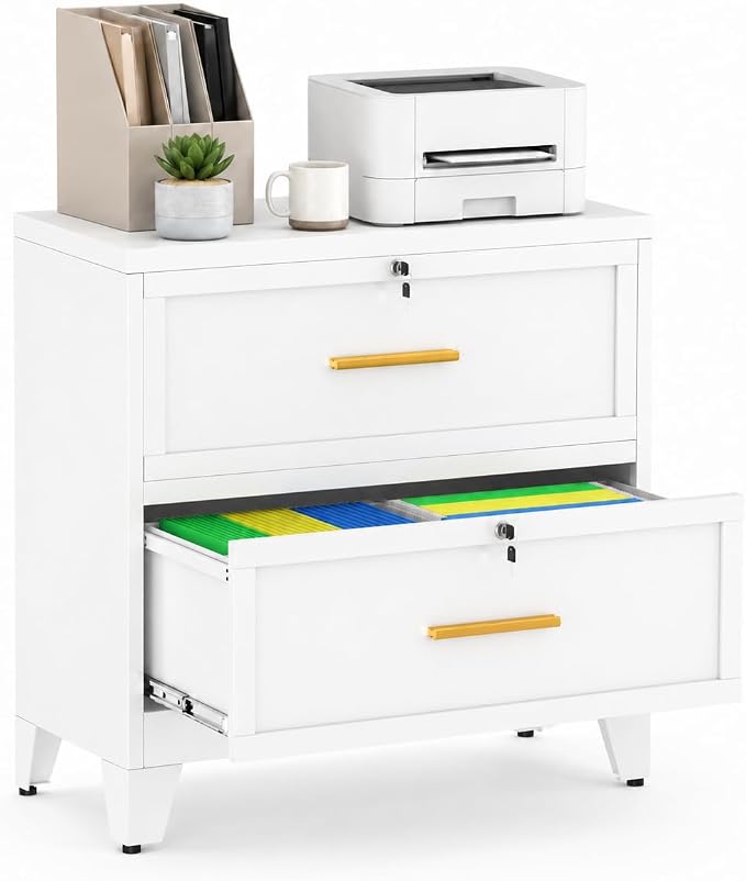 2 Drawer File Cabinet with Lock, Wide Metal Cabinet for Home Office | Independent drawer locks, Fits letter-size hanging folders, Steel finish for quick cleanup, Adjustable legs
