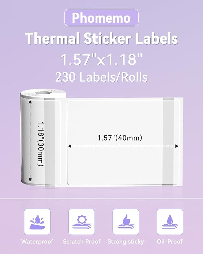 Phomemo Clear Labels 3 Rolls, 1.57"x1.18", for M110/M100/M220/M108, 960 PCS | Transparent Square Labels 40×30mm Thermal Stickers Labels for Kids & School, Barcode, Logo, Business, Home,Organization