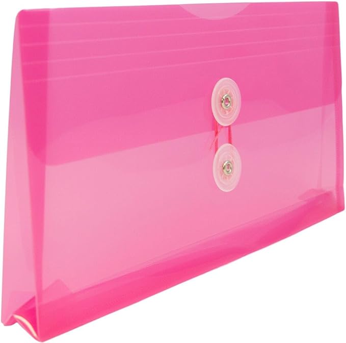 JAM PAPER Plastic Envelopes with Button & String Tie Closure - #10 Business Booklet - 5 1/4 x 10 - Fuchsia Pink - 3/pack