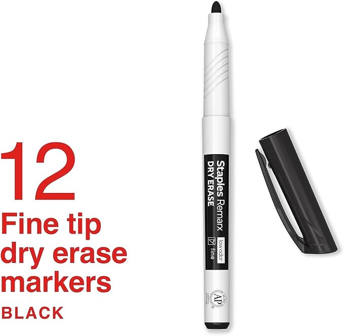 Staples Remarx Dry Erase Markers, Fine Tip, Black, 12-Pack | Precision whiteboard markers for offices, schools, and planning use.