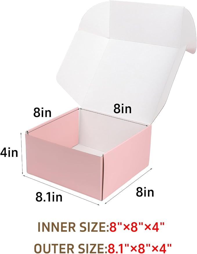 30 Pack 8"x8"x4" Corrugated Shipping Boxes, Pink Shipping Mailing Boxes for Packaging, Recyclable Cardboard Box Mailers Small Business