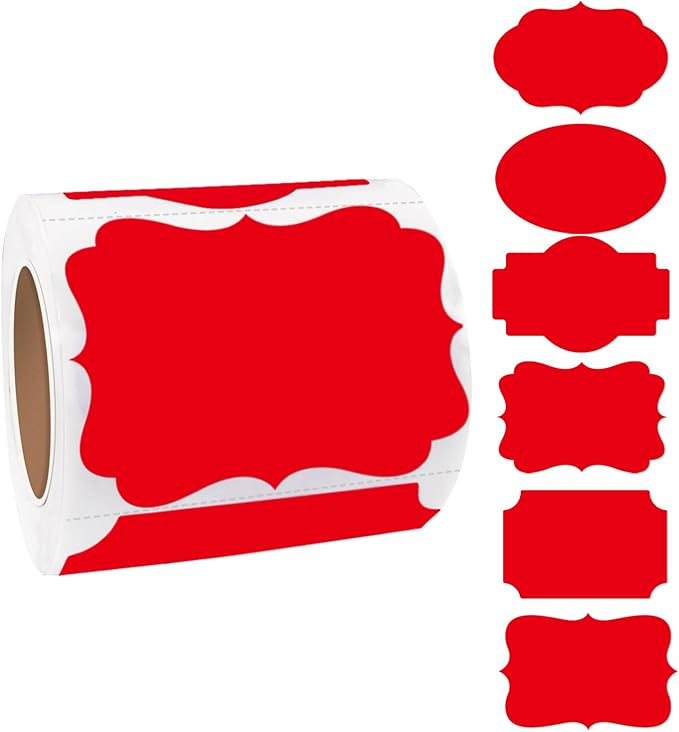 Red Labels - 250 PCS 3" x 2" Fancy Shape Stickers for Storage Box or Food Jars