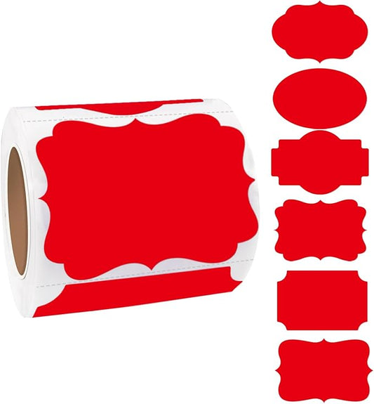 Red Labels - 250 PCS 3" x 2" Fancy Shape Stickers for Storage Box or Food Jars