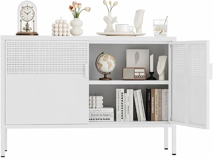 Metal Storage Cabinet,2 Door TV Stand, Metal Mesh Accent Cabinet | Magnetic Door Closure,Low Storage Cabinets with Doors and Shelf for Home,Office,Living Room