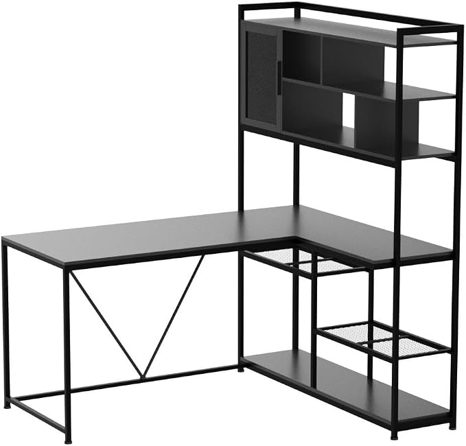 SEDETA L Shaped Computer Desk with Storage Shelves and Bookshelf, Black | 58'' Reversible Office Desk with LED Light, Glass Door Cubby, L Shaped Corner Desk for Gaming, Two Monitors, Small Space