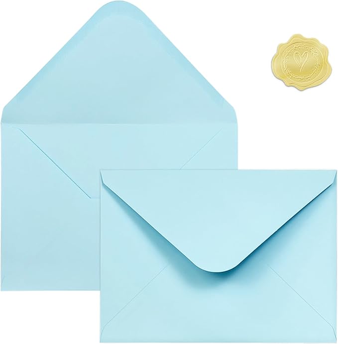 50 PCS Light Blue Colorful A7 Envelopes with Stickers, 5x7 Envelopes for Greeting Cards, Great for Invitations, Wedding Invitation, Birthday, Baby Shower, Graduation