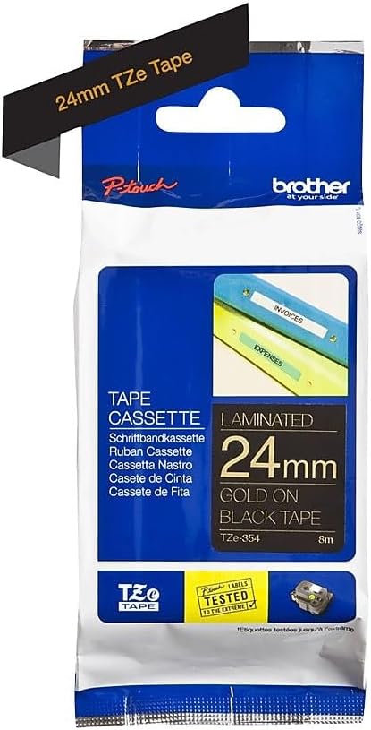 Brother Genuine P-Touch TZE-354 Tape, 1" (0.94") Wide Standard Laminated Tape, Gold on Black, Laminated for Indoor or Outdoor Use, Water-Resistant, 0.94" x 26.2' (24mm x 8M), Single-Pack, TZE354