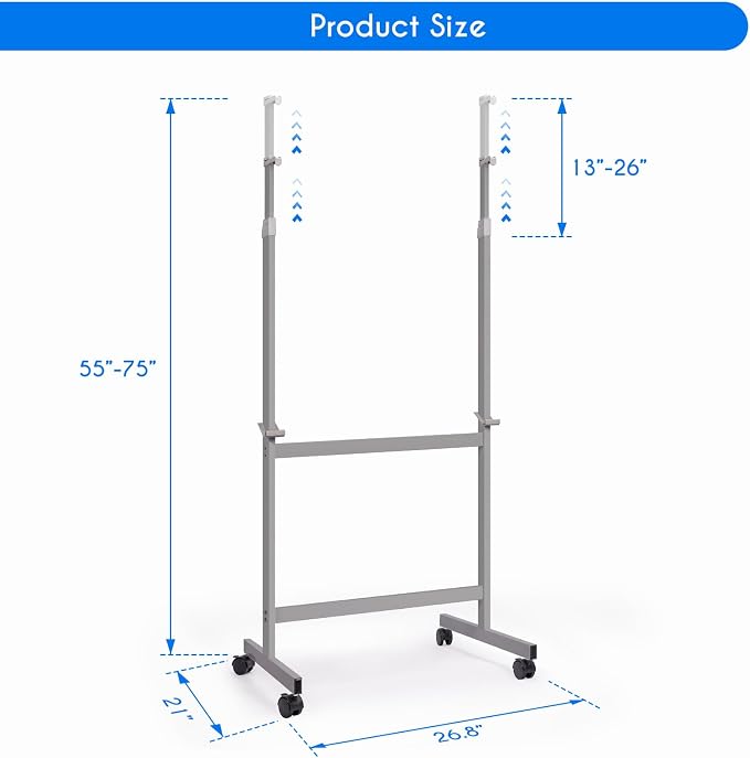 Maxtek Mobile Whiteboard Stand with Wheels, Stand Only, No Drill (Grey) | Height Adjustable Dry Erase Boards, No Drill Setup, Rolling Easel Frame for Home, Office, Homeschool,Classroom