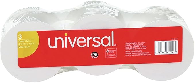 Universal 35720 Adding Machine/Calculator Roll, 16 lb, 1/2" Core, 2-1/4" x 150 ft, White (Pack of 3) (UNV35720)