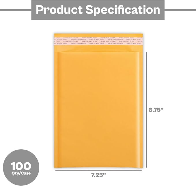 PSBM #DVD 100 PCS 7.25 x 9.75 Inch Kraft Bubble Mailers, Yellow Padded Envelopes, Self-Sealing Peel-Off Strip, Ideal for Shipping CD, DVD, Jewelry, Photos, Magazine, Books, Clothes and More