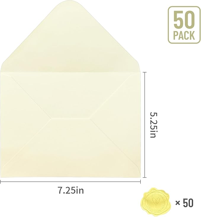 YINUOYOUJIA 50 PCS Ivory Specialty Paper Envelopes A7, 5 x 7 Envelopes for Invitation, Great for Wedding Invitation Cards, Photos,Perfect for Birthday, Baby Shower, Graduation, Christmas