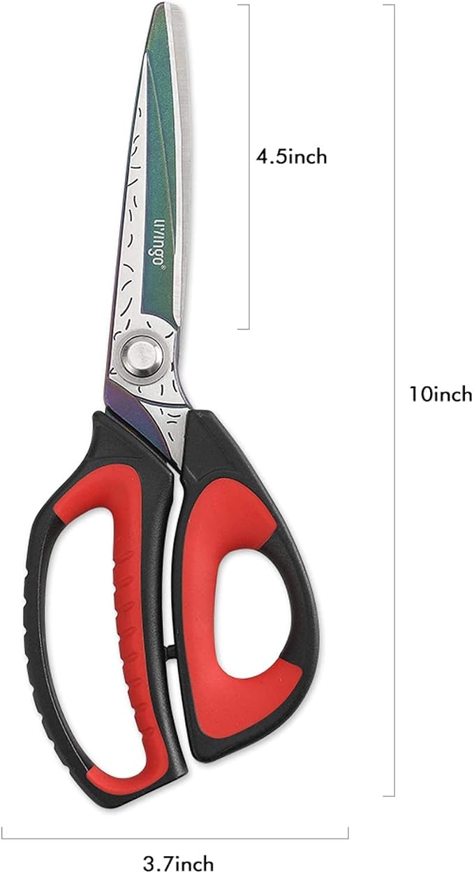 LIVINGO 10" Heavy Duty Multipurpose Shears for Shop & Garden (Red/Black) | Forged stainless steel with titanium coating. Cuts fabric, cardboard, pruning branches, household materials, Rust-resistant