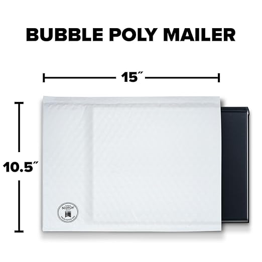 Scotch Poly Bubble Mailer, White, Large, Size 5, Inside Dimensions 10.5 IN x 15 IN, made with 50% recycled plastic
