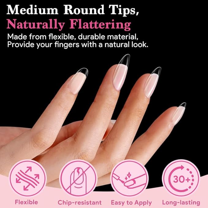 Medium Round False Nail Tips, 15 Sizes 510 PCS Clear Soft Press On Fake Nail Pre-shaped Half Matte Full Cover Gel Nail Tips Extensions Strong Thick Long Lasting for DIY Beginners & Salon Manicure