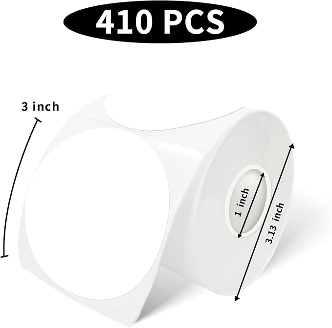 3 Inch White Round Thermal Sticker Labels, Self-Adhesive Circle Direct Thermal Labels, Multi-Purpose Roll Sticker Labels for DIY Logo Design, QR Code, Name Tag（ 410 Labels,1 Roll）