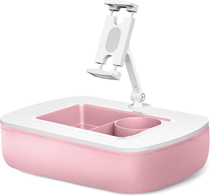 Tablet Pillow Stand for Lap Use with Snack Bowl and 360° Rotating Arm, Adjustable iPad Holder for Bed, Couch, and Recliner, Compatible with 4.7"-13" Kindle, iPad, Tablet, Phone,Pink