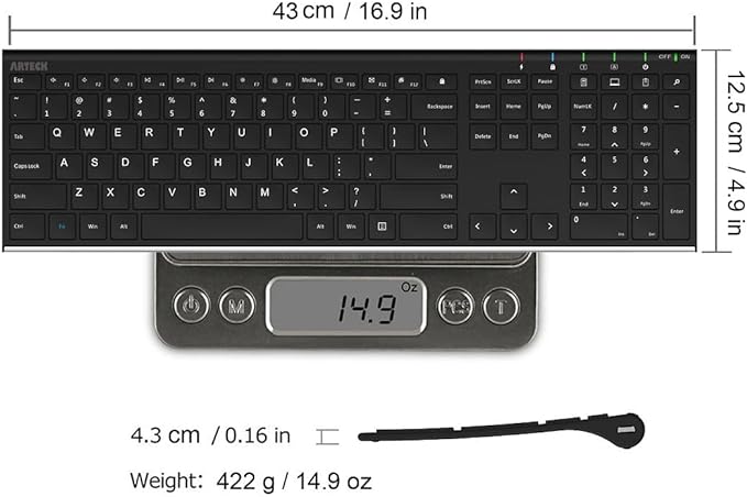 Arteck 2.4G Wireless Keyboard Stainless Steel Ultra Slim Full Size Keyboard with Numeric Keypad for Computer/Desktop/PC/Laptop/Surface/Smart TV and Windows 10/8/ 7 Built in Rechargeable Battery