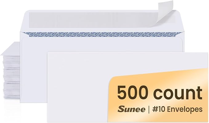 SUNEE #10 Security-Tinted Self Seal Envelopes – 500 Pack White Windowless Mailing Envelopes, 24LB Printer Friendly for Business, Home & Office Use (4-1/8 x 9-1/2")
