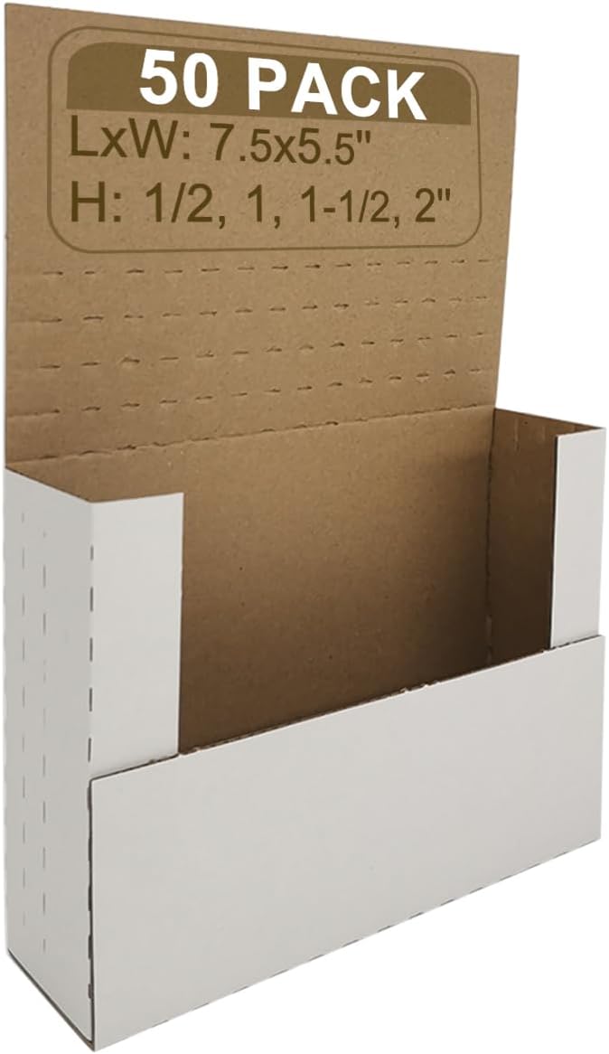 50 Pack DVD Shipping Box Mailers 7.5×5.5×2" Height Adjustable for Games CDs | SZYANGDA Sturdy Corrugated Easy-Fold Mailers for DVDs, Video Games & CD Cases, Adjustable Depth, White