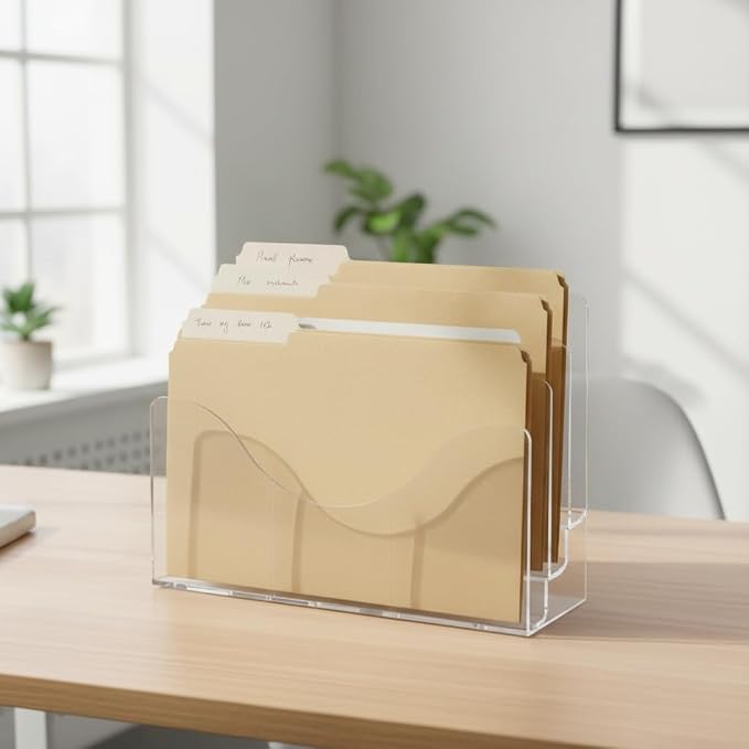 Azar Displays 250099 Three Tier File and Brochure Desktop Wall Organizer Holder with Dividers, Brochure Display Stand, Acrylic File Holder, Clear, 8.5" x 11"