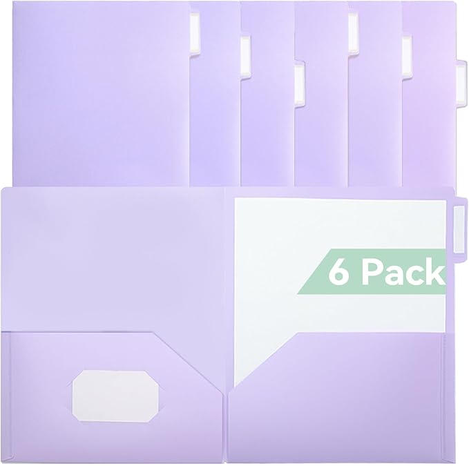 Plastic Folders with Pockets, 6 Pack Purple Folders for School, Unique 1/3 Cut Tabs with Colorful Labels, Letter Size