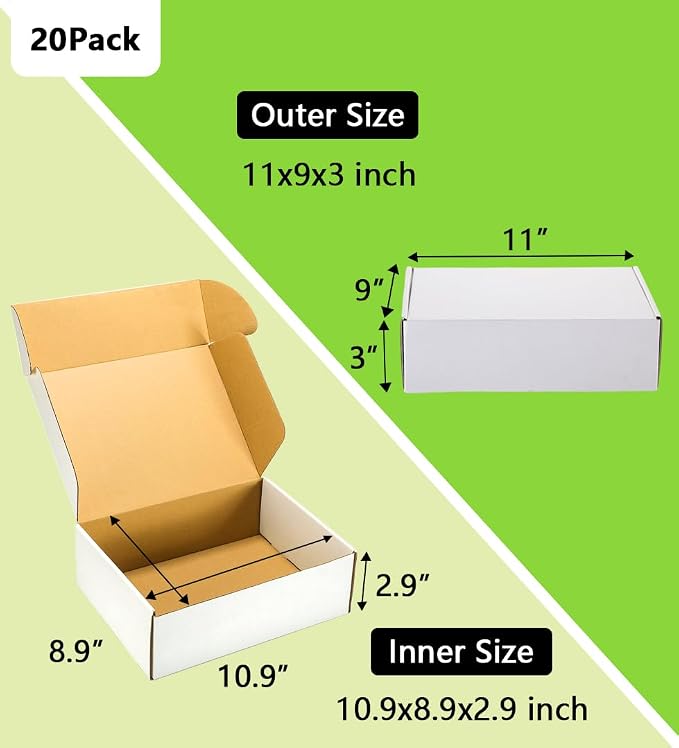 11x9x3 inches Shipping Boxes 20 Pack,TUKYLIL White Corrugated Cardboard Box,Mailer carton for Packaging Small Business,Gifts,Craft,Jewelry,daily supplies