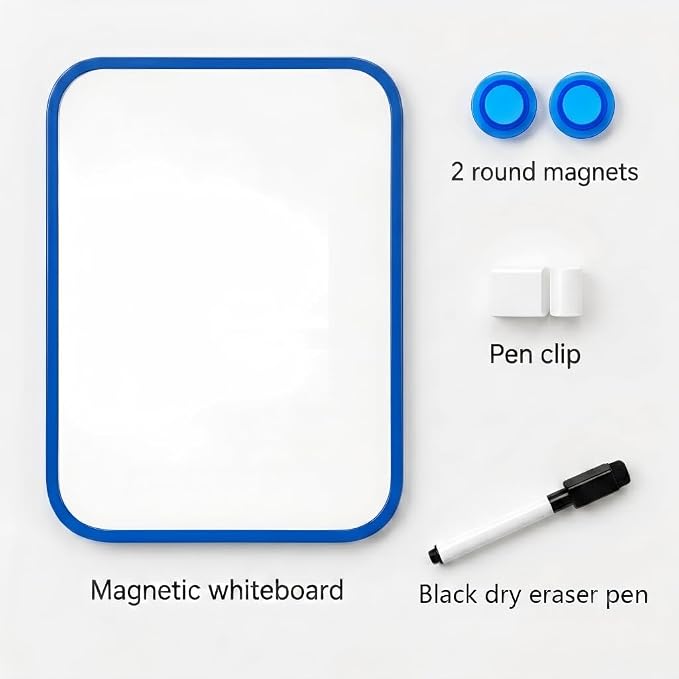 2 Pack Magnetic Dry Erase Board 6" x 8", Mini Whiteboard with Marker, Magnets & Pen Holder, Small Magnetic Whiteboard for Fridge, Locker, Office Desk, Kitchen, School & Home Organization(Blue)