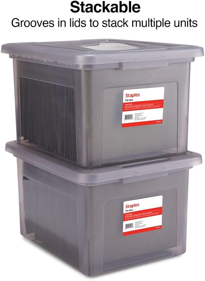 STAPLES File Box Plastic File Box Snap, Letter/Legal Size, Frost Gray, 4/Carton