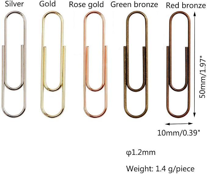 50 Pieces 50 mm Metal Paper Clips for Office School and Personal Use (Bronze)