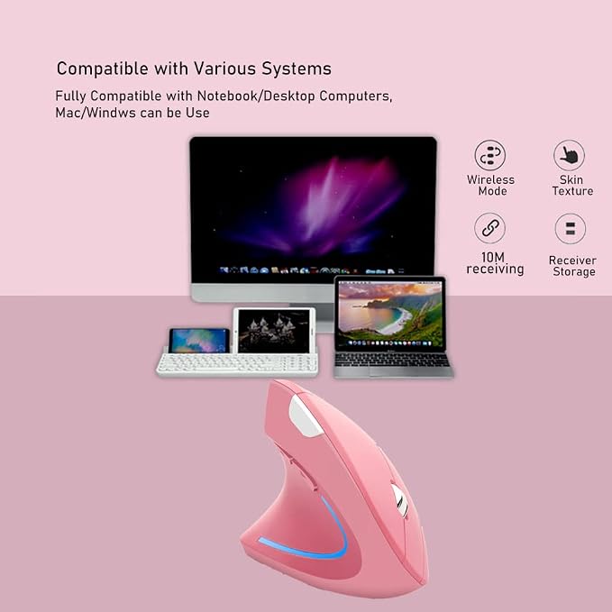 Wireless Mouse Ergonomic Vertical Mouse Ergo LED Light High Precision Optical Cordless Lightweight Mice Gift for Boy Girl Adults for PC Computer Laptop Mac Office,with Side Buttons, 800/1200/1600 DPI