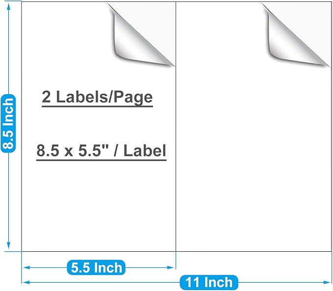 8.5 x 5.5 Inch Half Sheet Shipping Labels for Laser and Inkjet Printers, 200 Labels/100 Page (2 Labels/Page), Permanent Self Adhesive Mailing Labels for Printer