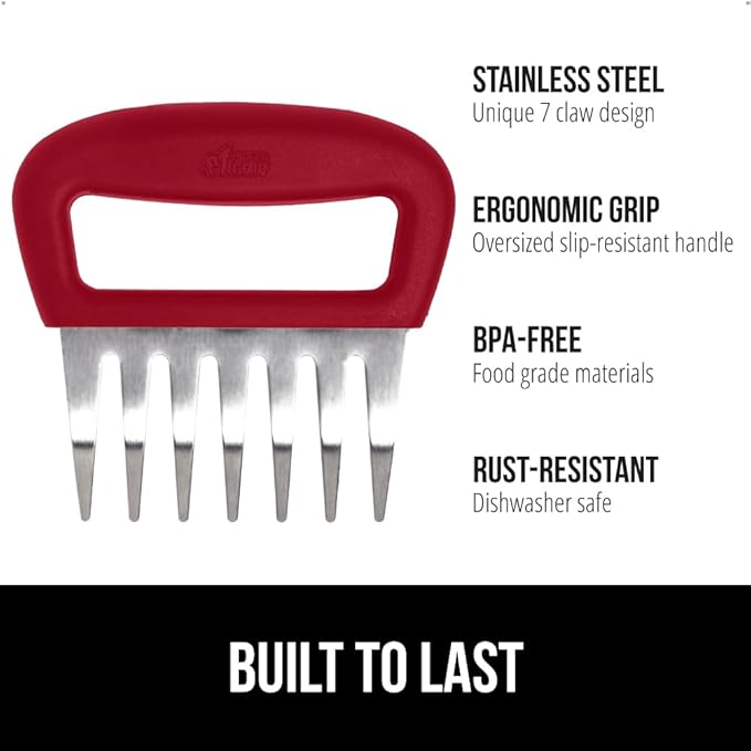 GORILLA GRIP BPA-Free Chicken Shredder Meat Claws, Sharp Stainless Steel Food Shredding Fork, Comfortable Handle, Easily Shred Pulled Pork, Taco Meats, Kitchen Smoker BBQ Tool, Dishwasher Safe, Red
