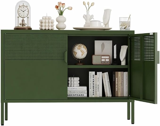 Metal Storage Cabinet,2 Door TV Stand, Metal Mesh Accent Cabinet | Magnetic Door Closure,Low Storage Cabinets with Doors and Shelf for Home,Office,Living Room