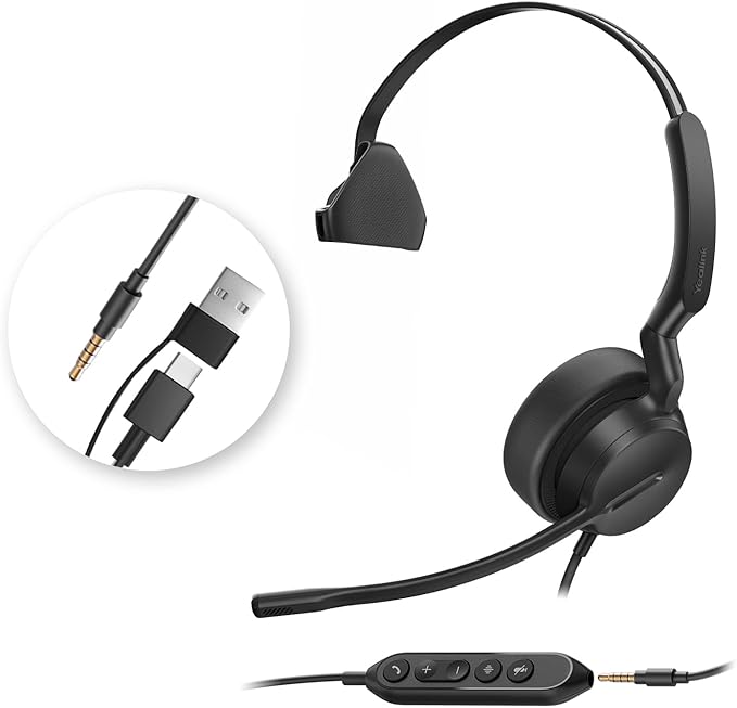 Yealink UH42 SE Wired Headset with Mic, USB-A/C & 3.5MM Single Computer Headsets with Noise Cancelling Microphone for PC, Laptop, Phone, 7ft Cable in-Line Control Headphones Work with Teams, Zoom, UC