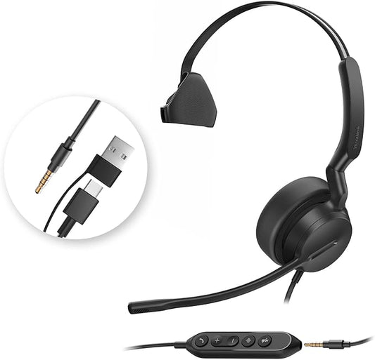 Yealink UH42 SE Wired Headset with Mic, USB-A/C & 3.5MM Single Computer Headsets with Noise Cancelling Microphone for PC, Laptop, Phone, 7ft Cable in-Line Control Headphones Work with Teams, Zoom, UC