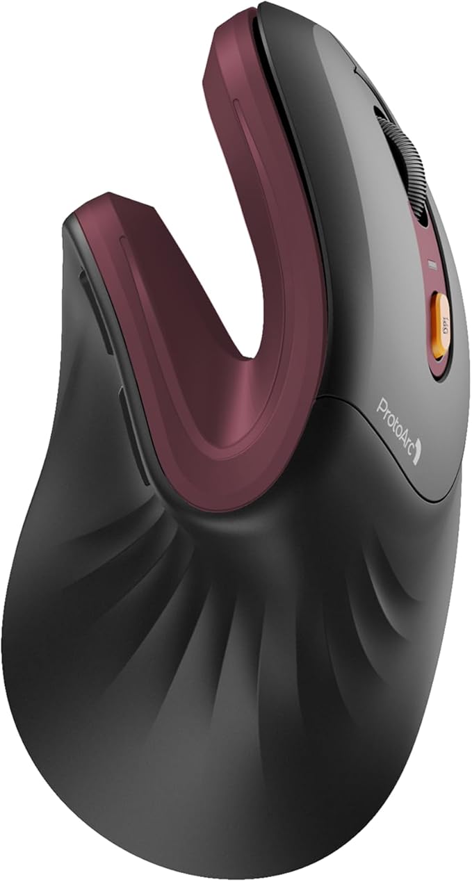ProtoArc EM11 NL Wireless Ergonomic Vertical Mouse, Rechargeable, Wine Red | 58° vertical design supports a natural wrist posture, connect 3 devices via Bluetooth/2.4G USB-A, 500mAh USB-C rechargeable.