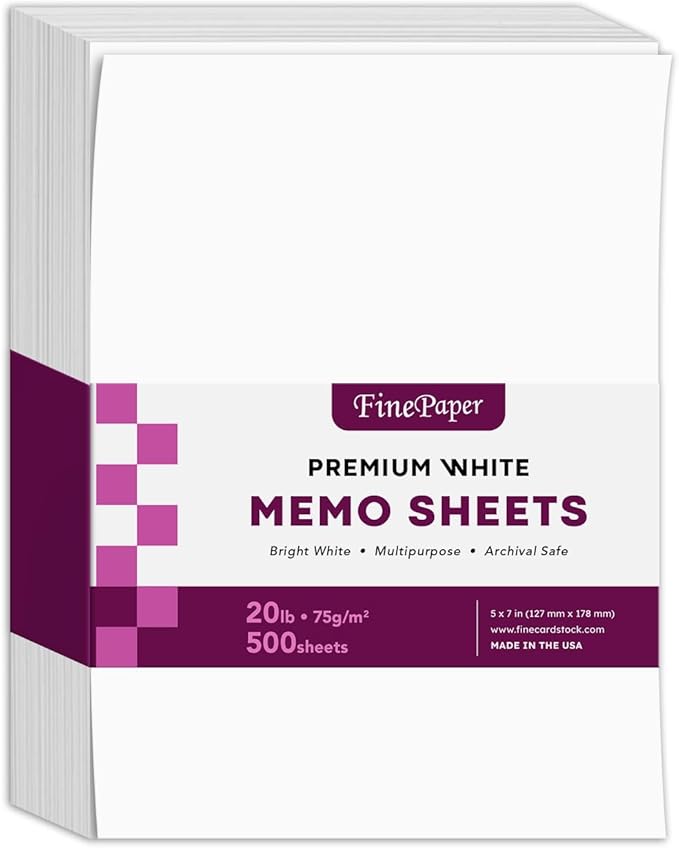 White Memo Sheets, 20lb Paper, 500 Sheets Per Pack (5 x 7)