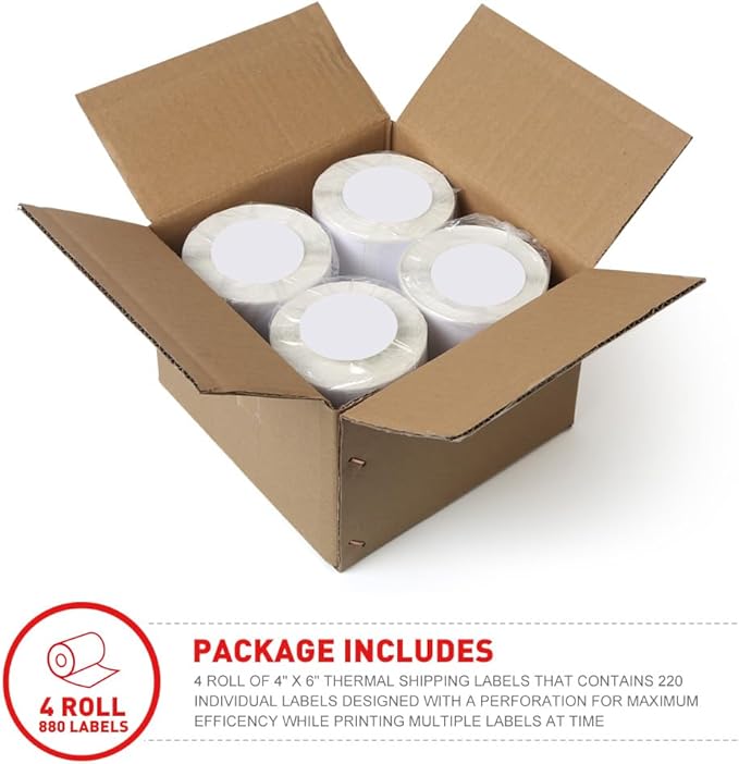 [4 Rolls, 880 Labels] 4" x 6" Postage Shipping Labels Compatible for Dymo 4XL LabelWriter 4x6 Internet Postage Labels, Water Resistant, Strong Adhesive, Perforated