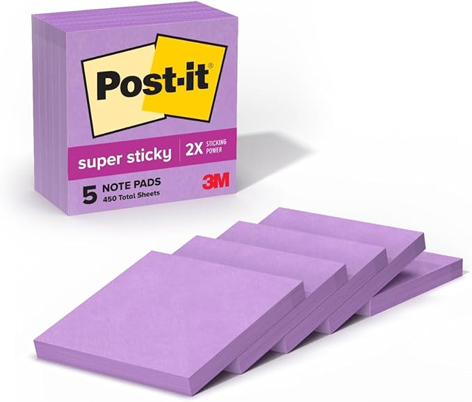 Post-it Super Sticky Notes, 5 Sticky Note Pads, 3 x 3 in., Ideal for Organization in Your Dorm, Home or Office, Single Color Packs Collection, Purple Iris