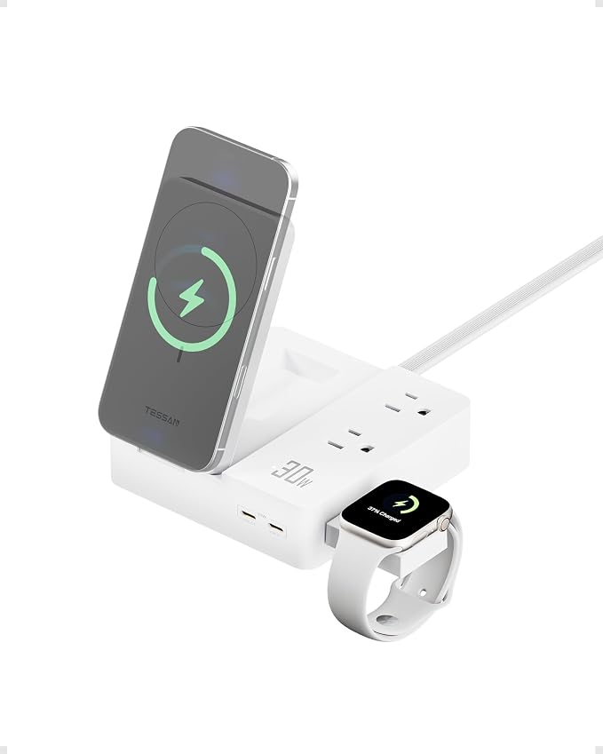 TESSAN 30W Charging Station USB Phone Charger with Wireless Charging | 2 USB C/1 USB A and 2 AC Outlet,for iPhone 17/16/15 Charging Stand, for Apple Watch Charging, Flat Plug, 5ft Cord, White