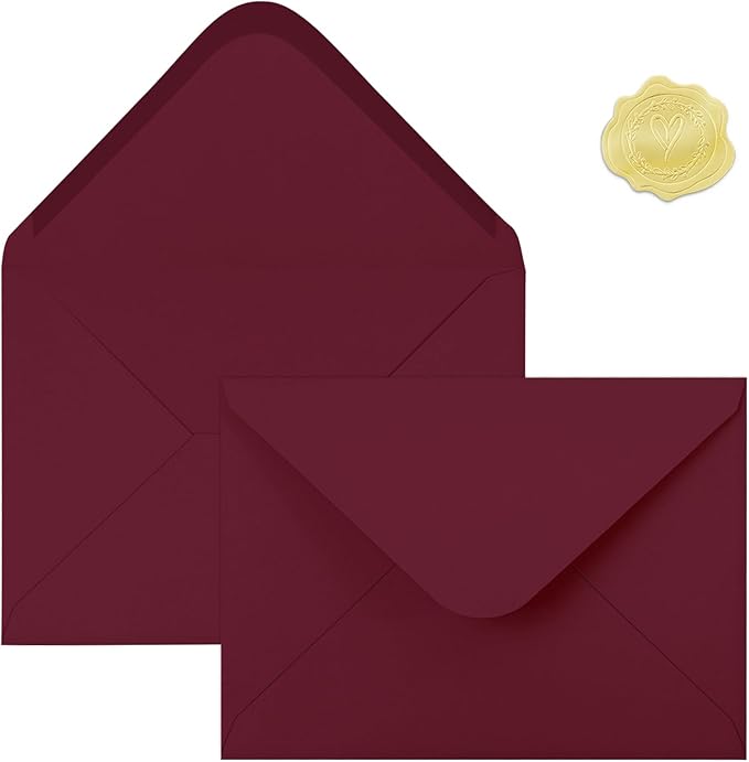 50 PCS Burgundy Colorful A7 Envelopes with Stickers, 5x7 Envelopes for Greeting Cards, Great for Invitations, Wedding Invitation, Birthday, Baby Shower, Graduation