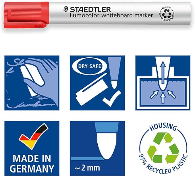 STAEDTLER 351 WP8 Lumocolor Whiteboard Marker Bullet Tip - Assorted Colours (Pack of 8)