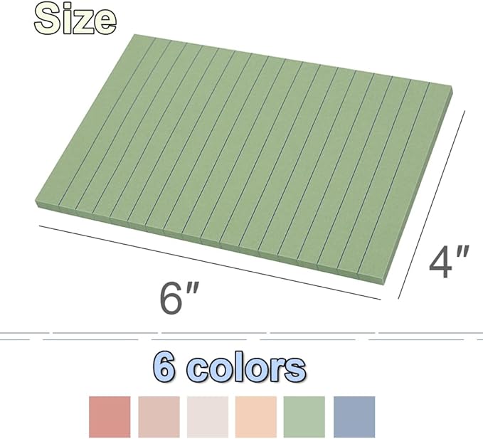 (12 Pack) Lined Sticky Notes 4x6 in,Large Notepads with Lines,Ruled Stickies Super Sticking Power,Office School Memo Note Pads Vintage Colors,Post on Windows Doors,Recyclable,Easy to Write on
